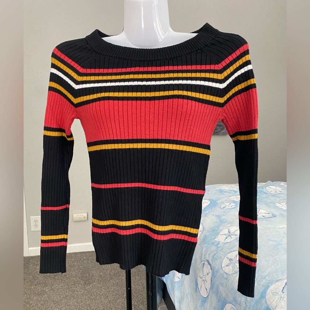 Crew/Boat Neck Striped Ribbed Sweater - Picture 12 of 16